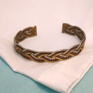 Vintage Artisan TRI COLOR BRAIDED TWIST SILVER COPPER BRASS CUFF BRACELET 7"